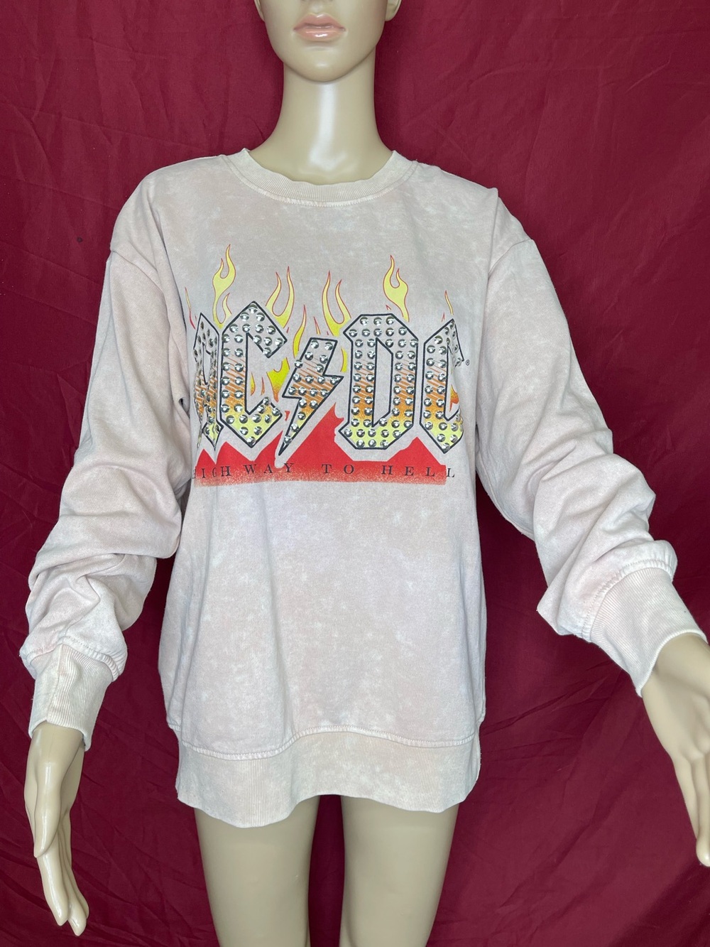 AC/DC Official "Highway to Hell" Studded Acid Wash Pullover Sweatshirt Large